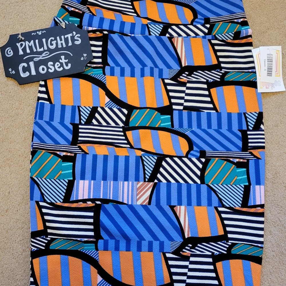 LuLaRoe Cassie Skirt Small New Black Orange White Blue Geometric Shapes
